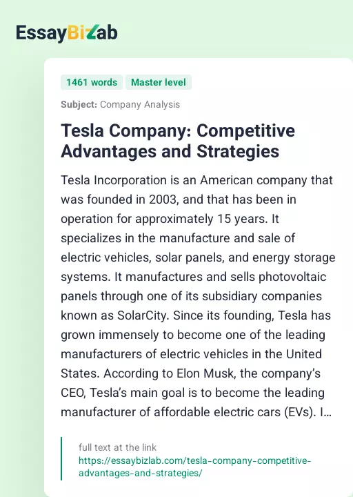 Tesla Company: Competitive Advantages and Strategies - Essay Preview