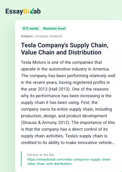 Tesla Company's Supply Chain, Value Chain and Distribution - Essay Preview