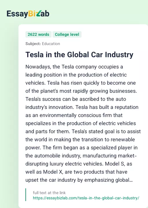 Tesla in the Global Car Industry - Essay Preview