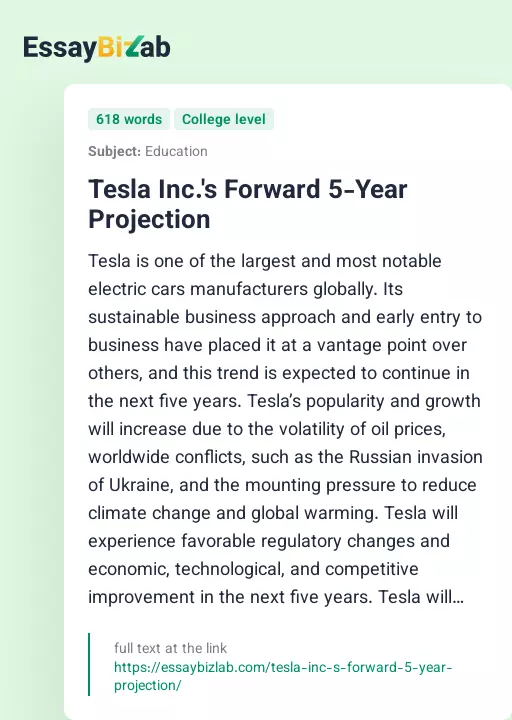 Tesla Inc.'s Forward 5-Year Projection - Essay Preview