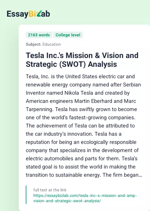 Tesla Inc.'s Mission & Vision and Strategic (SWOT) Analysis - Essay Preview