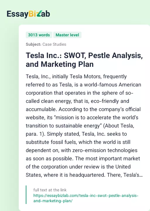 Tesla Inc.: SWOT, Pestle Analysis, and Marketing Plan - Essay Preview