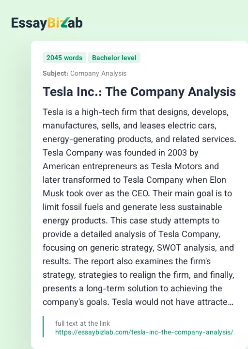 Tesla Inc.: The Company Analysis - Essay Preview