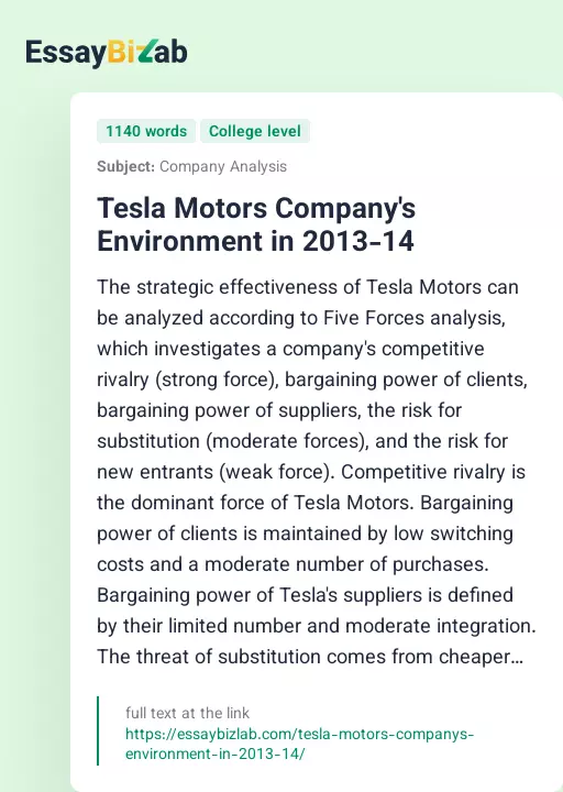 Tesla Motors Company's Environment in 2013-14 - Essay Preview