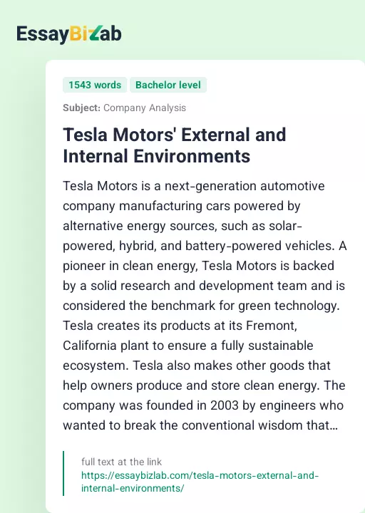 Tesla Motors' External and Internal Environments - Essay Preview