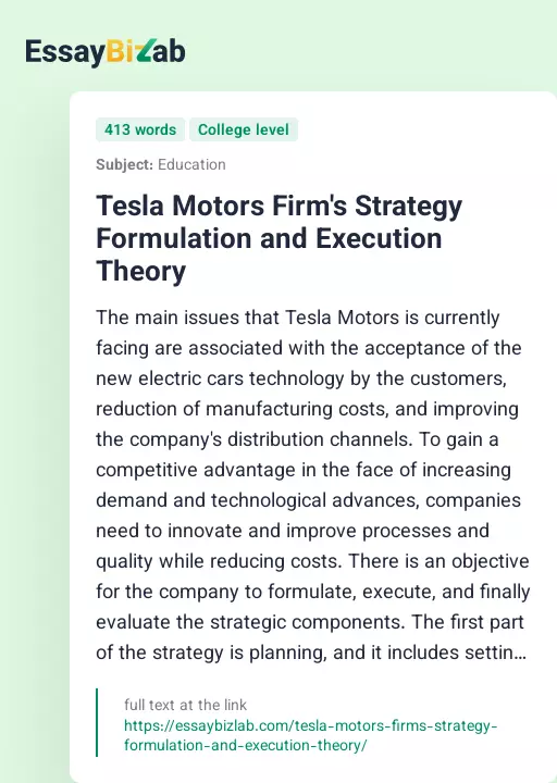 Tesla Motors Firm's Strategy Formulation and Execution Theory - Essay Preview