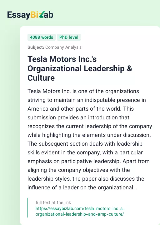 Tesla Motors Inc.'s Organizational Leadership & Culture - Essay Preview