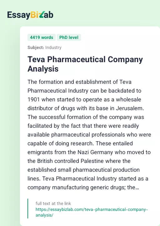 Teva Pharmaceutical Company Analysis - Essay Preview