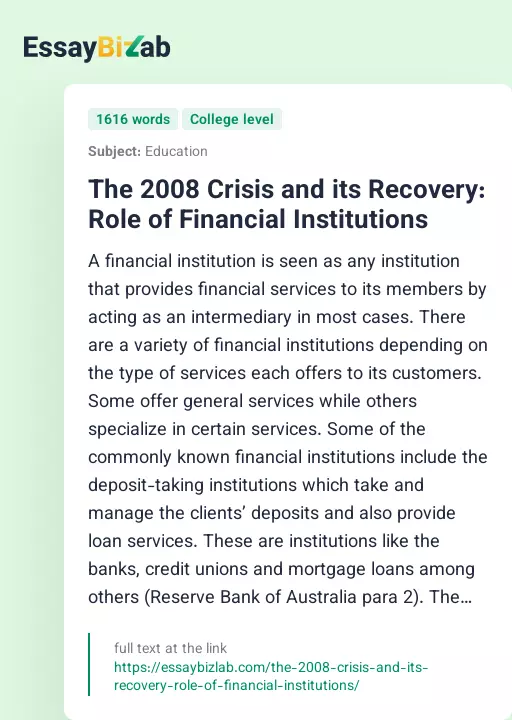 The 2008 Crisis and its Recovery: Role of Financial Institutions - Essay Preview