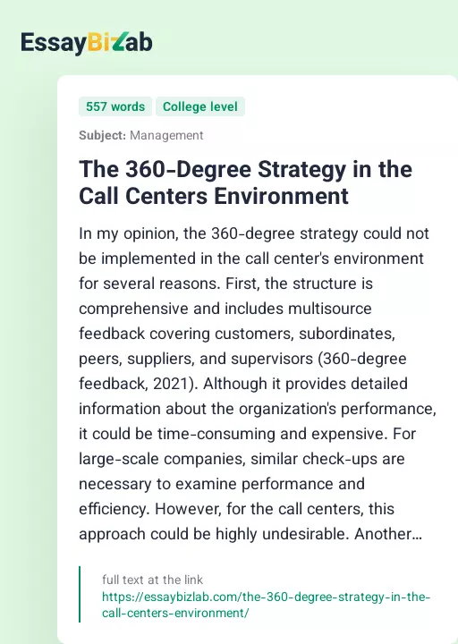 The 360-Degree Strategy in the Call Centers Environment - Essay Preview