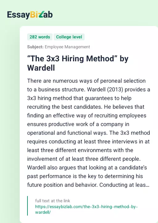 “The 3x3 Hiring Method” by Wardell - Essay Preview
