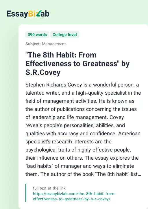 "The 8th Habit: From Effectiveness to Greatness" by S.R.Covey - Essay Preview