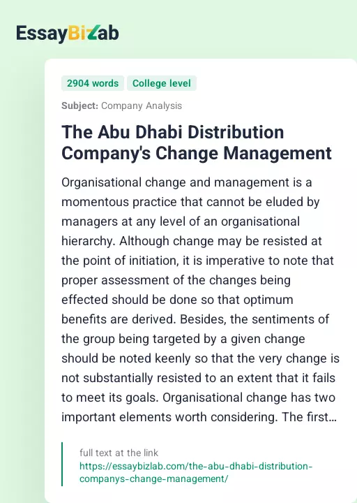 The Abu Dhabi Distribution Company's Change Management - Essay Preview