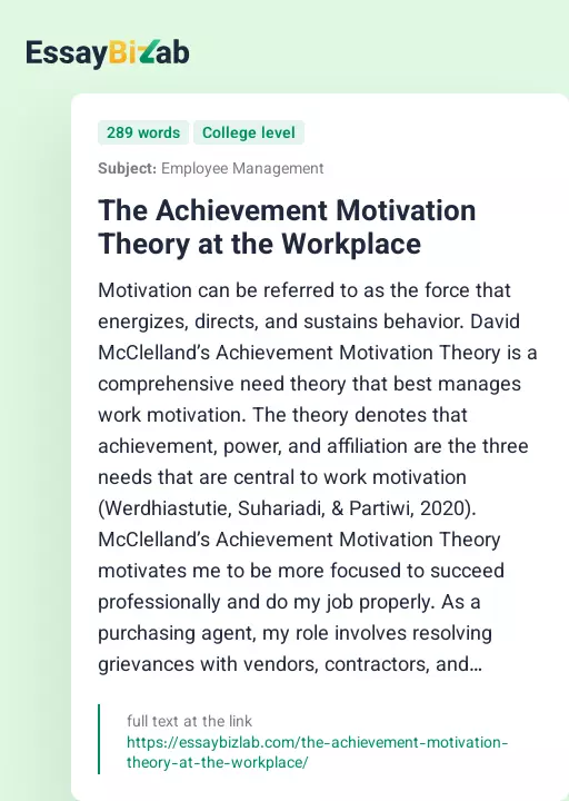 The Achievement Motivation Theory at the Workplace - Essay Preview