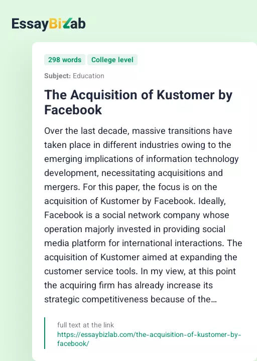 The Acquisition of Kustomer by Facebook - Essay Preview