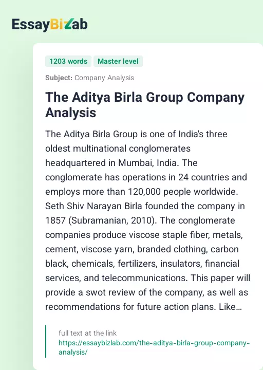 The Aditya Birla Group Company Analysis - Essay Preview
