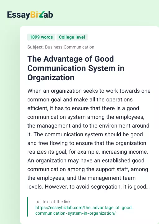 The Advantage of Good Communication System in Organization - Essay Preview