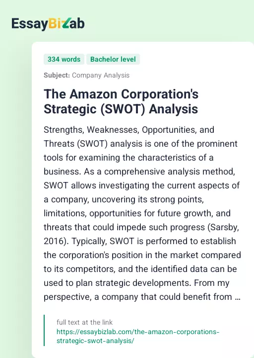 The Amazon Corporation's Strategic (SWOT) Analysis - Essay Preview