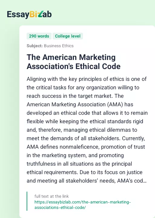 The American Marketing Association's Ethical Code - Essay Preview