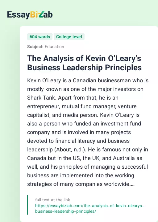 The Analysis of Kevin O’Leary’s Business Leadership Principles - Essay Preview