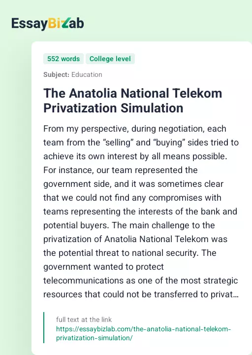 The Anatolia National Telekom Privatization Simulation - Essay Preview
