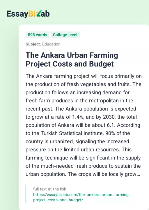 The Ankara Urban Farming Project Costs and Budget - Essay Preview