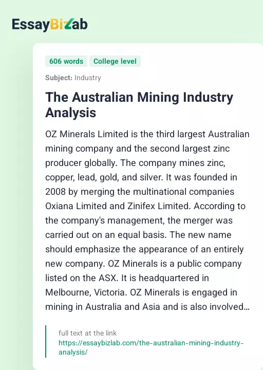The Australian Mining Industry Analysis - Essay Preview