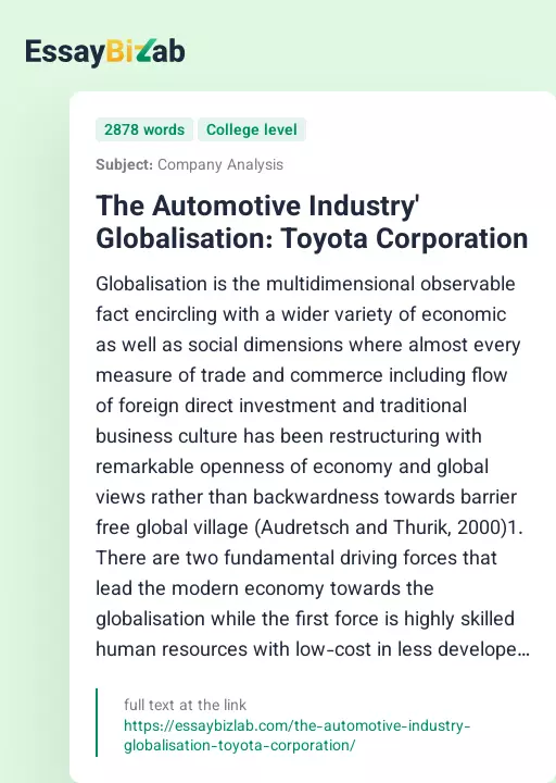 The Automotive Industry' Globalisation: Toyota Corporation - Essay Preview
