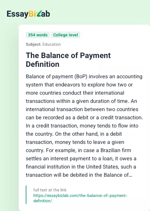 The Balance of Payment Definition - Essay Preview