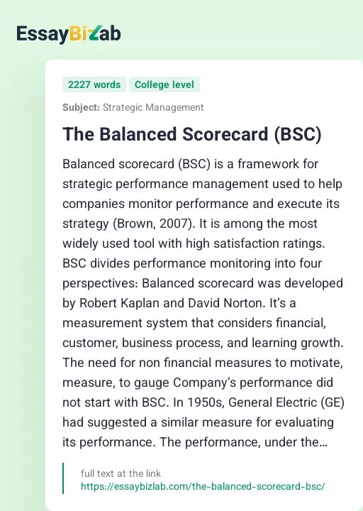 The Balanced Scorecard (BSC) - Essay Preview