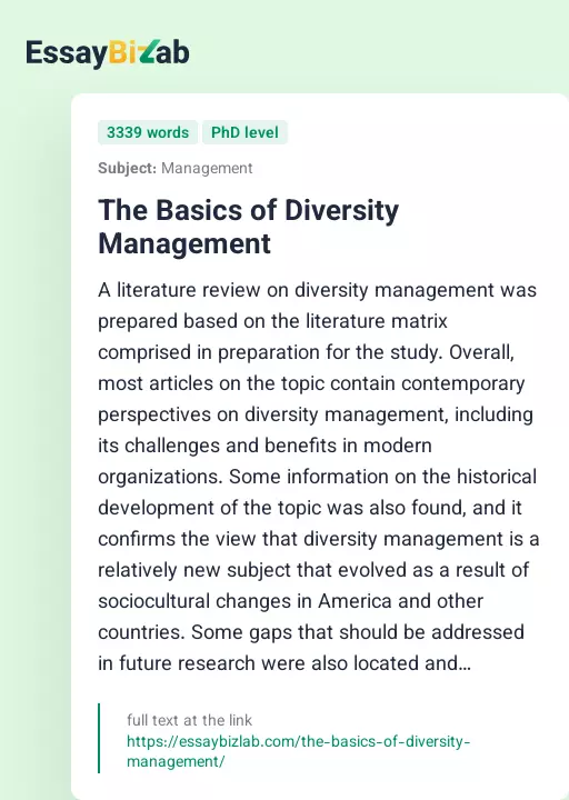 The Basics of Diversity Management - Essay Preview