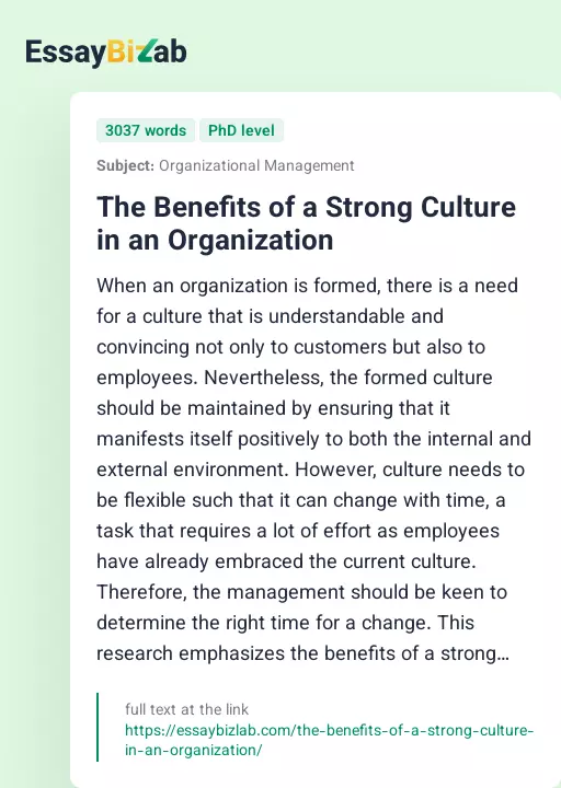 The Benefits of a Strong Culture in an Organization - Essay Preview