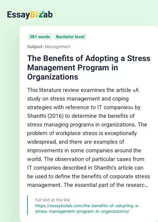 The Benefits of Adopting a Stress Management Program in Organizations - Essay Preview
