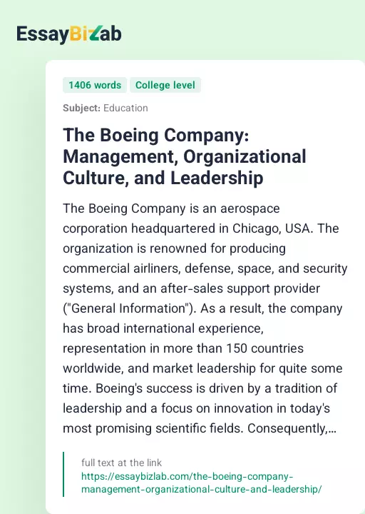 The Boeing Company: Management, Organizational Culture, and Leadership - Essay Preview