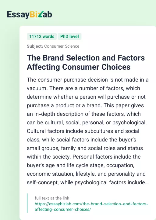 The Brand Selection and Factors Affecting Consumer Choices - Essay Preview