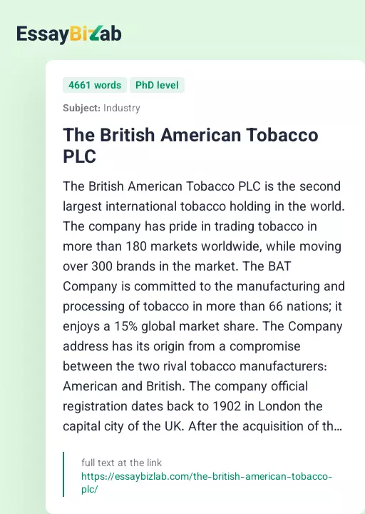 The British American Tobacco PLC - Essay Preview