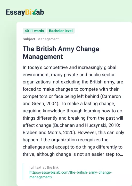 The British Army Change Management - Essay Preview