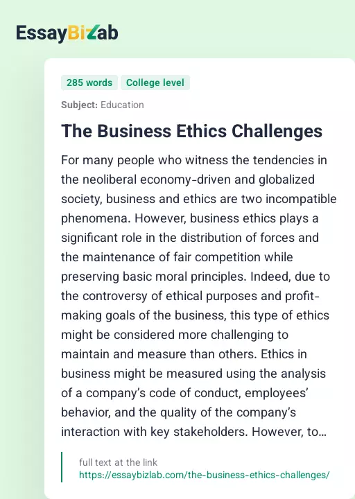 The Business Ethics Challenges - Essay Preview