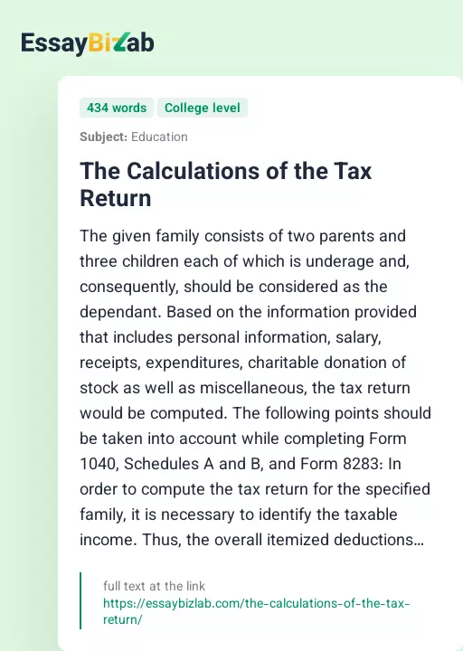 The Calculations of the Tax Return - Essay Preview