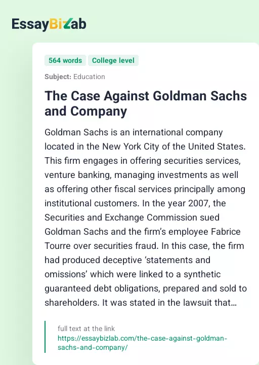 The Case Against Goldman Sachs and Company - Essay Preview