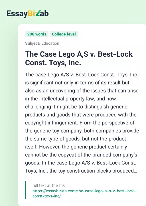 The Case Lego A,S v. Best-Lock Const. Toys, Inc. - Essay Preview