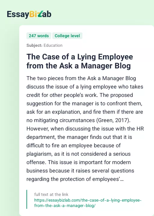 The Case of a Lying Employee from the Ask a Manager Blog - Essay Preview