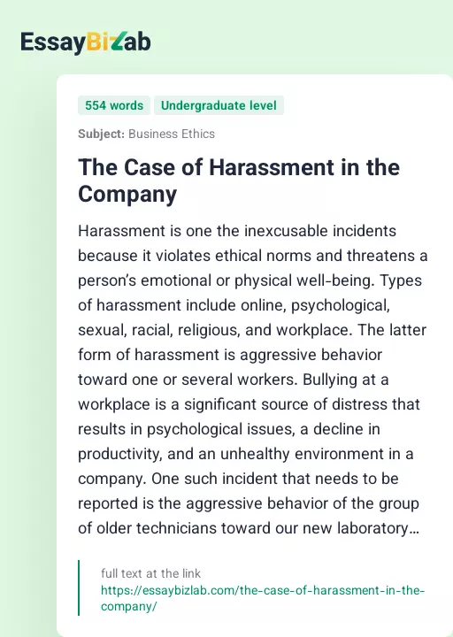 The Case of Harassment in the Company - Essay Preview