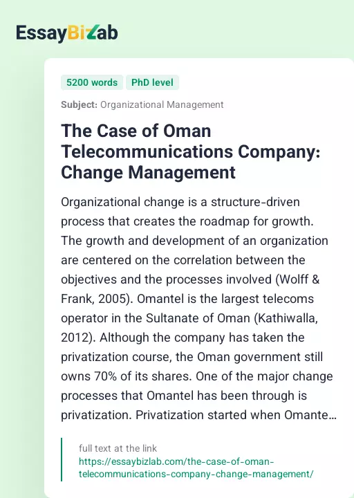 The Case of Oman Telecommunications Company: Change Management - Essay Preview