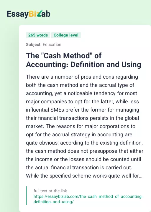 The "Cash Method" of Accounting: Definition and Using - Essay Preview
