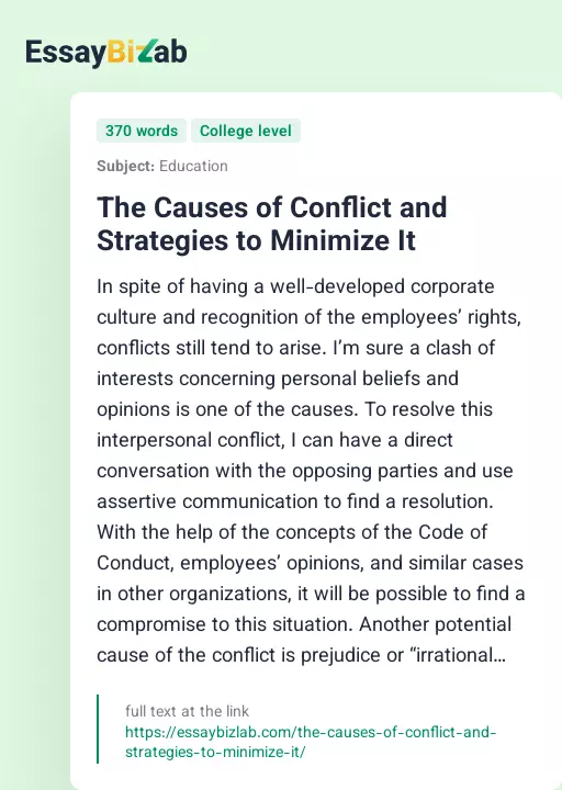 The Causes of Conflict and Strategies to Minimize It - Essay Preview
