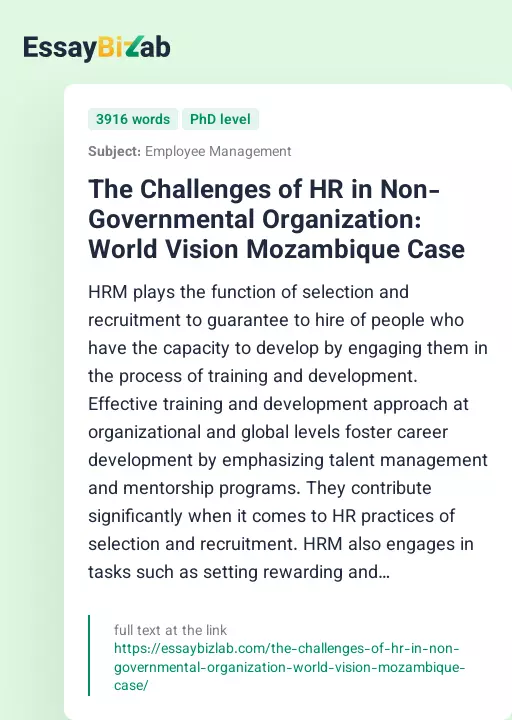 The Challenges of HR in Non-Governmental Organization: World Vision Mozambique Case - Essay Preview