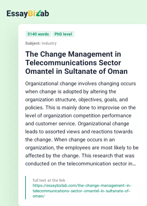The Change Management in Telecommunications Sector Omantel in Sultanate of Oman - Essay Preview