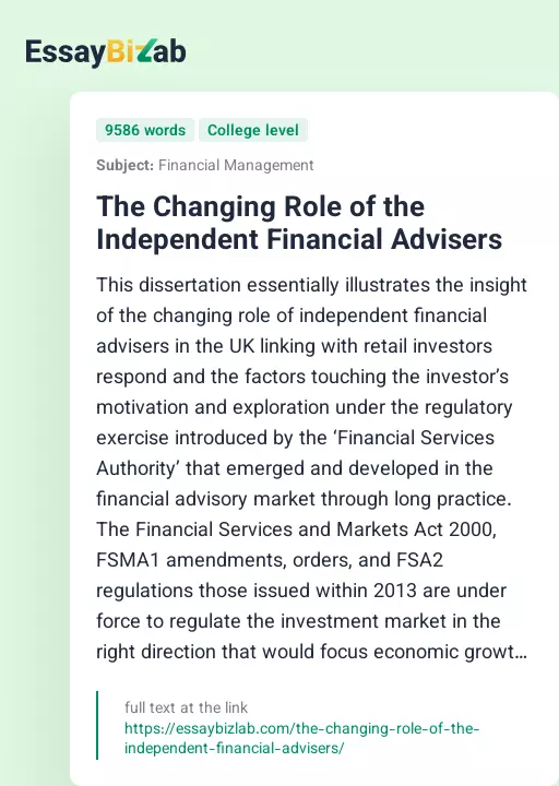 The Changing Role of the Independent Financial Advisers - Essay Preview