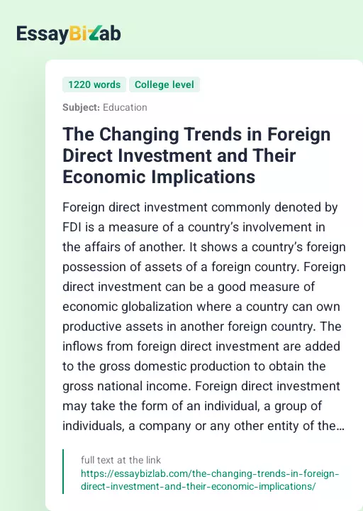 The Changing Trends in Foreign Direct Investment and Their Economic Implications - Essay Preview
